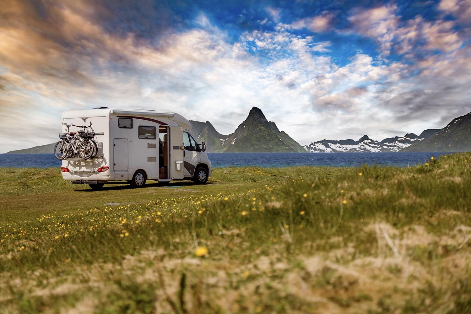RV in front of mountains
